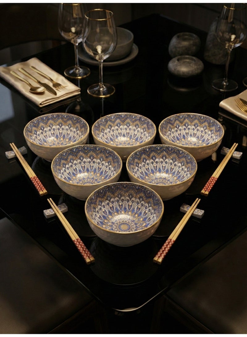 CASA HOME 6-Piece Porcelain Rice & Soup Bowl Set Bohemian Pattern Gold-Rim Accent Egypt - Image 4